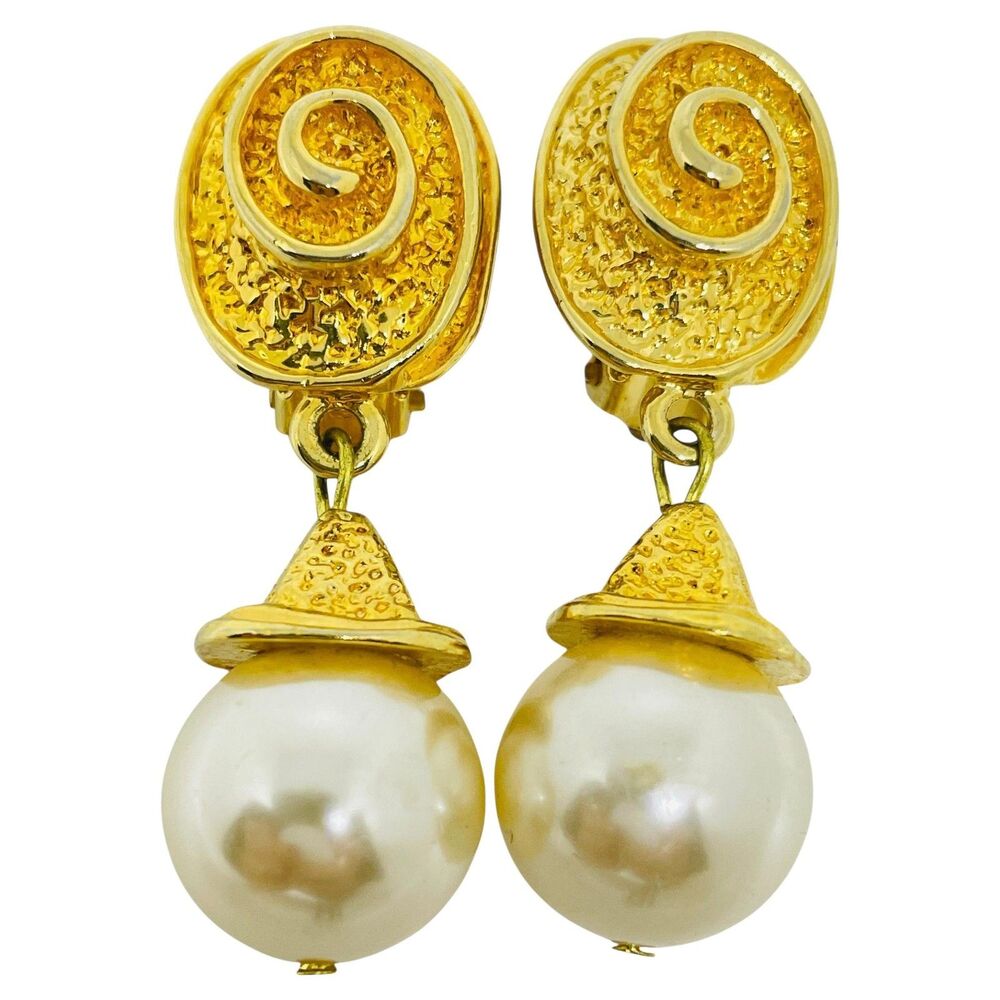 Vintage gold tone dangle faux pearl 80's designer clip on earrings